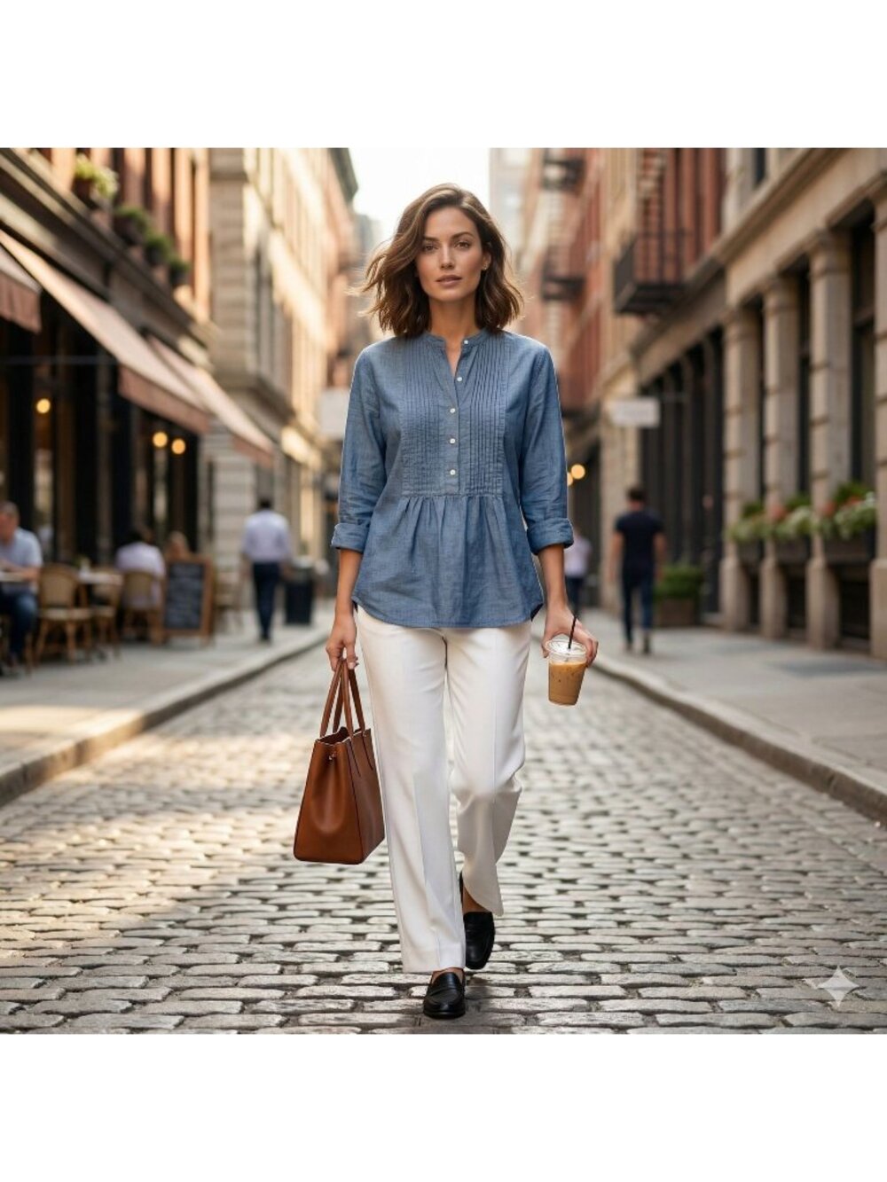 Nili Lotan Blouse Top S Chambray Blue Cotton Pintuck Pleat Band Collar Henley
